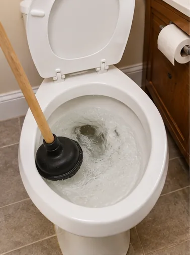 Plunger and repair tools beside a clogged toilet