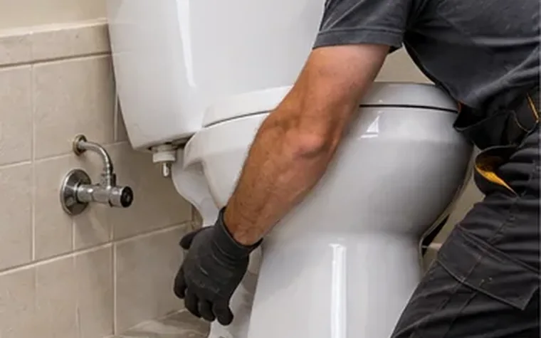 Modern toilet being positioned during bathroom installation