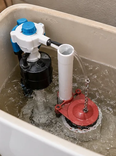 Open toilet tank with flushing components being checked
