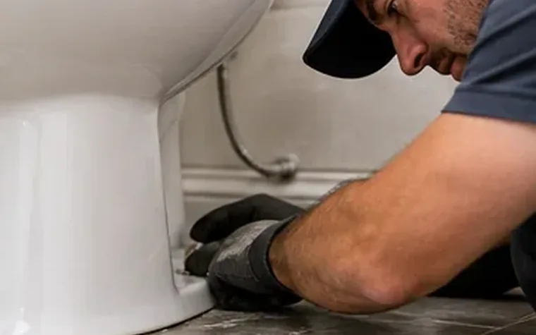 Open toilet tank with visible repair components in a bathroom
