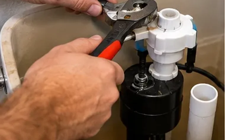 Close-up of toilet tank fill valve and plumbing components