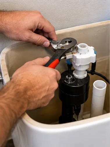 Fill valve and float assembly visible inside toilet tank