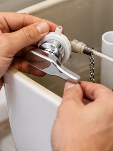 Toilet flush handle and internal tank parts under inspection