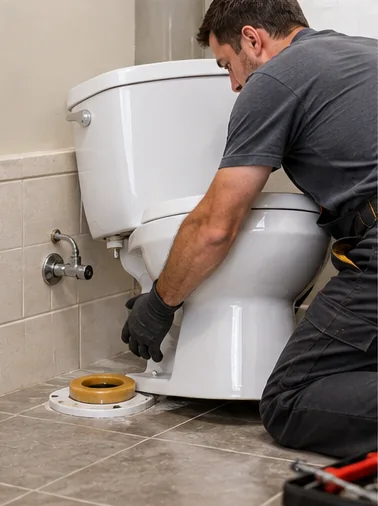 New toilet being installed in a clean bathroom