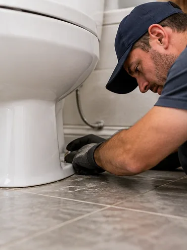 Exposed toilet tank hardware being inspected for repair